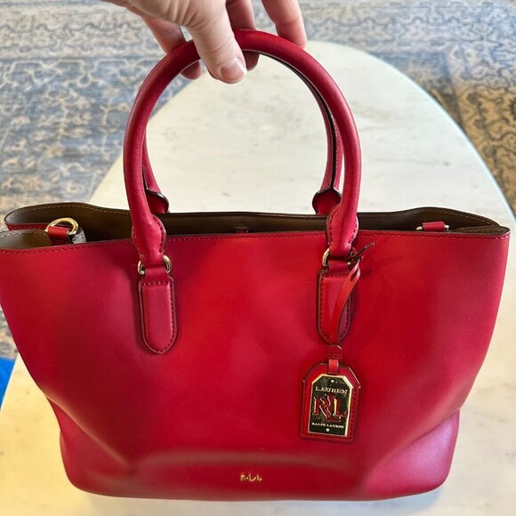 Lauren Ralph Lauren Red Leather Top Handle Crossbody Convertible Shoulder Bag - Picture 5 of 11